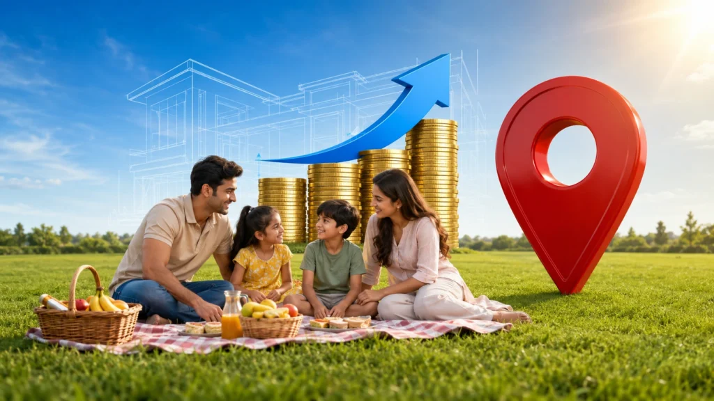 Indian family at a plotted development with gold coins, a growth arrow and location pin representing secure real estate investment with Newgen Homes